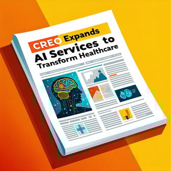 A visually appealing illustration of a newspaper prominently displaying an article about artificial intelligence The newspaper features a bold headline that reads CREO Expands AI Services to Transform Healthcare accompanied by striking imagery of AIr